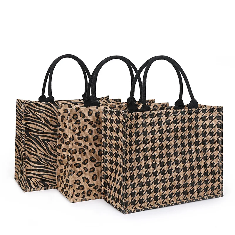 

Jute Bag Shopping Tote Ladies Vintage Leopard Printing Fashionable Summer Jute Tote Bags Beach Handbag