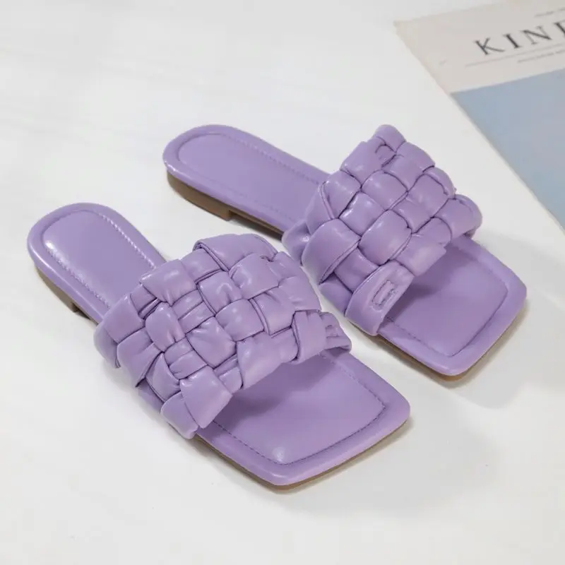 

SPL0100 2021 Female Slippers Women Square Toe Flat Weave Slides Sandals Ladies