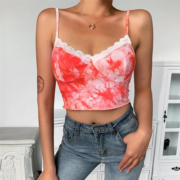 

High Quality Womens Lace Tie Dyed Backless Cotton Sexy Cropped Tank Tops