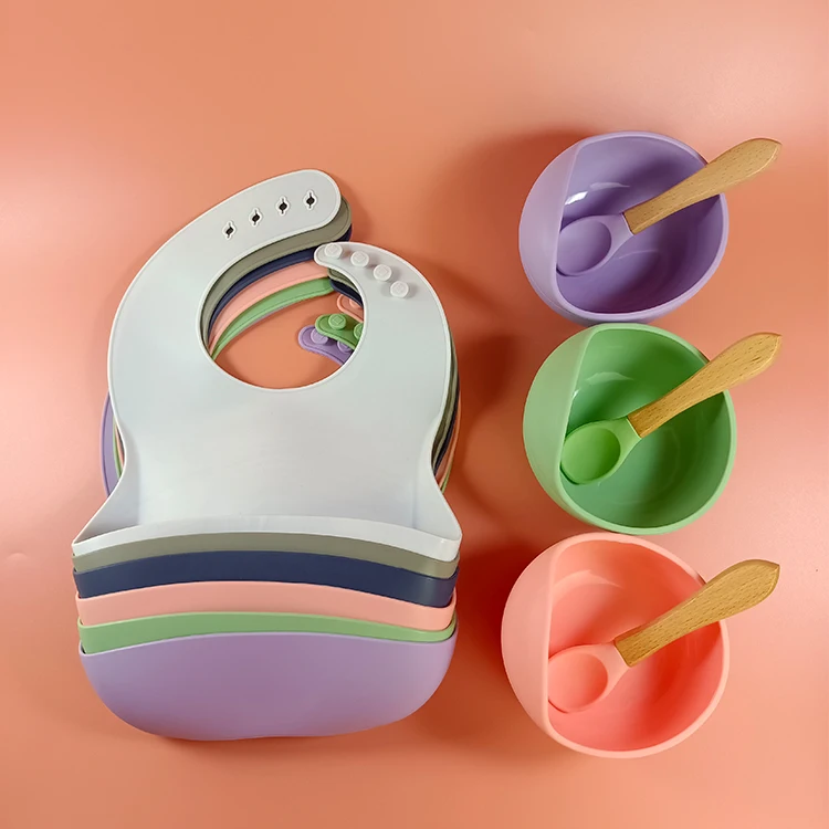 

BPA Free Low MOQ Baby Bib Bowl Spoon Set Silicone Bib Tableware Set