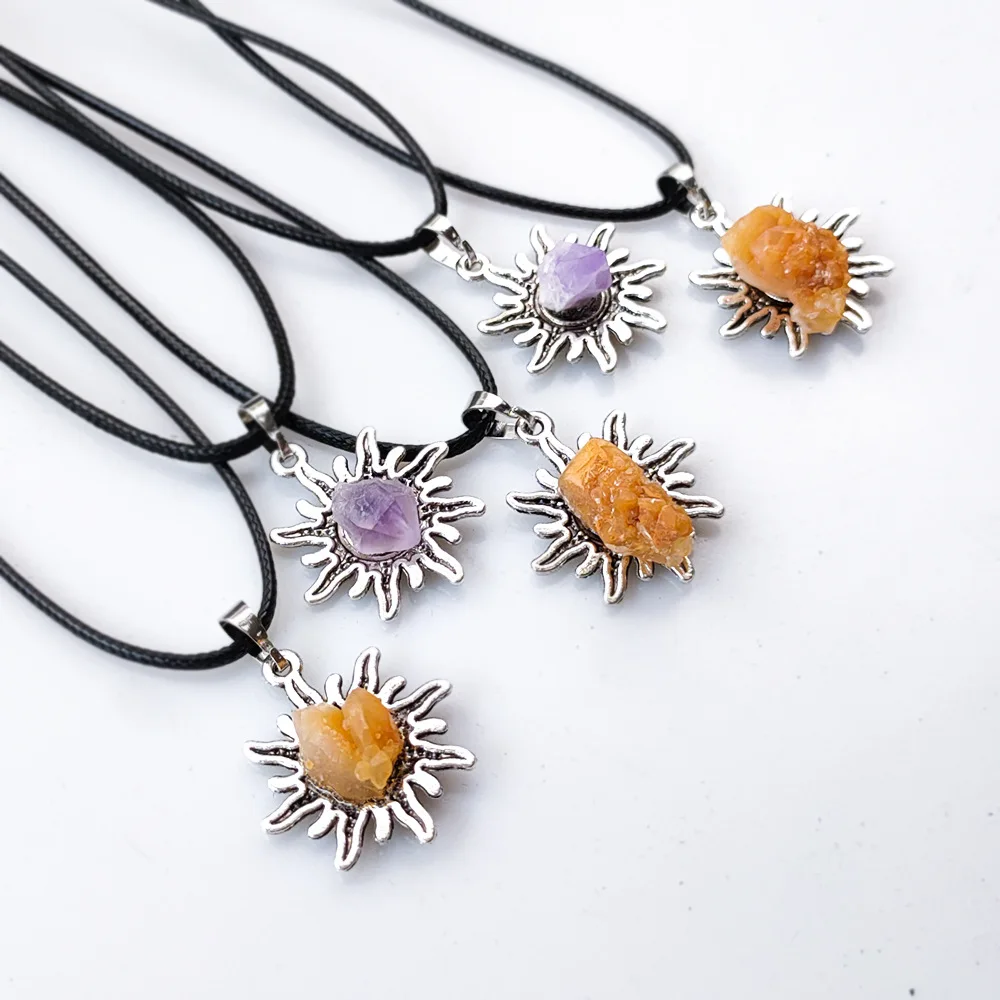 

Natural creative Helios crystal necklace reiki sun flower amethyst raw stone pendant, Natural color