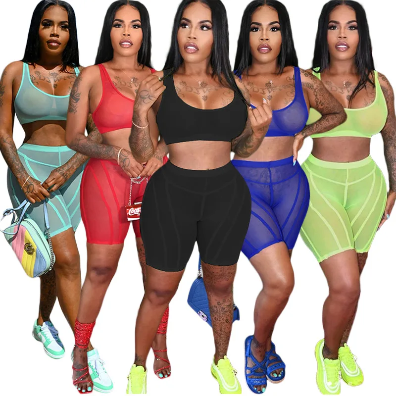 

M4360 - sexy mesh solid color camisole and shorts women 2 piece set