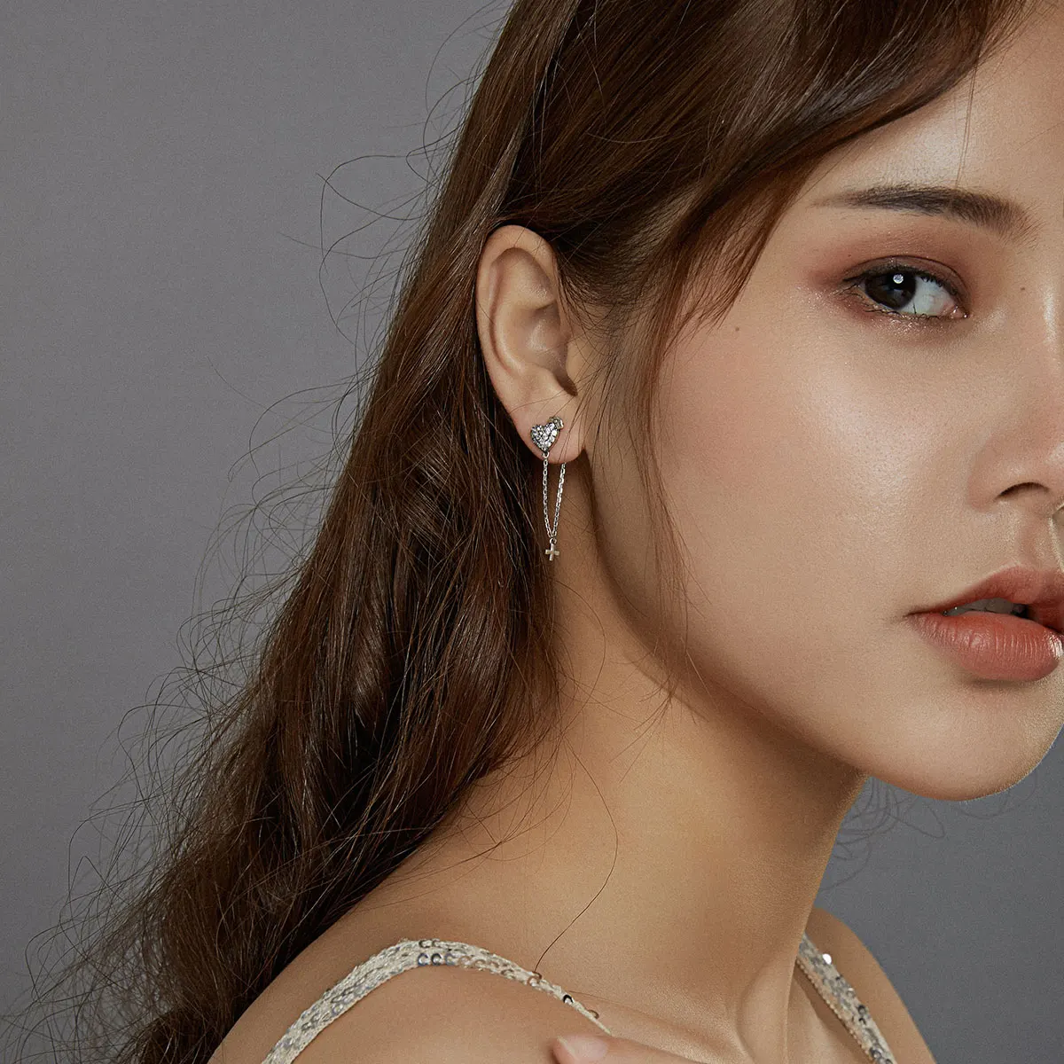 

2020 New Cubic Zirconia 925 Silver Earrings Long Chain Cross With Love Jewelry Studs Wholesale