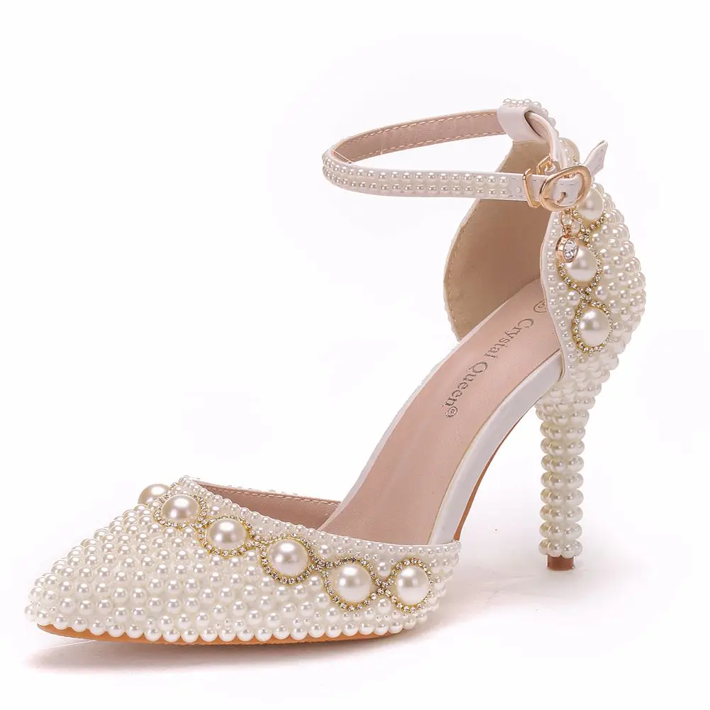 

Pointed Toe Ivory White Pearl Wedding Sandals Shoes Bridal Thin High Heels Elegant Female Party Ankle Strap Sexy Wedding Sandals