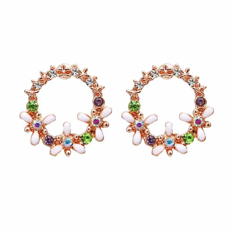 

2020 Fashion Rose Gold Crystal Dripping Oil Colorful Rhinestone Flower Hoop Stud Earrings for Girls