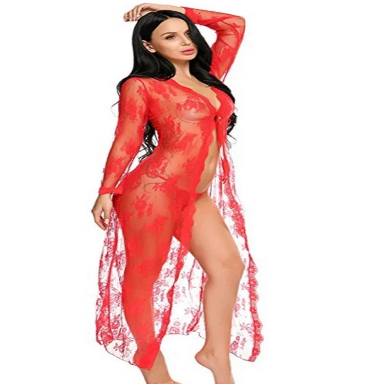 

YJC0167 women Sexy mesh lace lingerie robe long sleeve transparent long dress see through erotic bride Temptation sleepwear, Black,white,red,purple,pink,green,yellow...