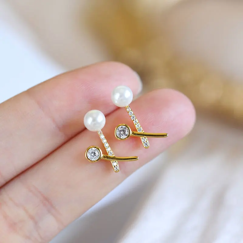

Creative Crossed Shape S925 Sterling Silver Stud Earrings Mirco Pave Zirconia Natural Pearl Stud Earrings For Lady, Silver gold
