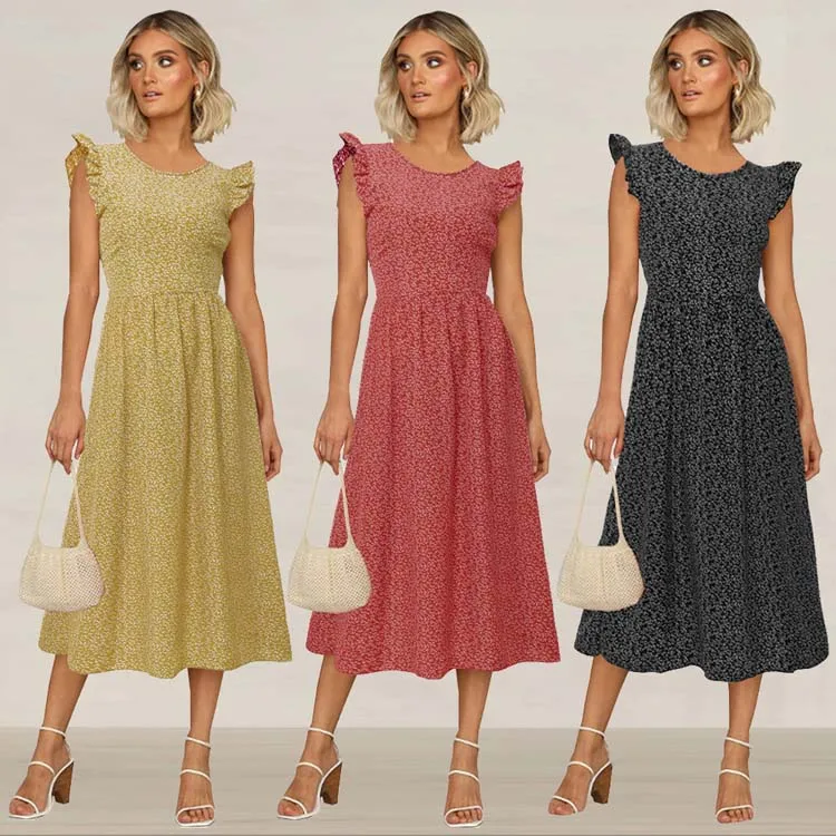 

2021 Bohemian Style Women Summer Midi Dress Elegant Floral Print Female Long Sundress A-line Ruffle Ladies Beach Midi Dresses