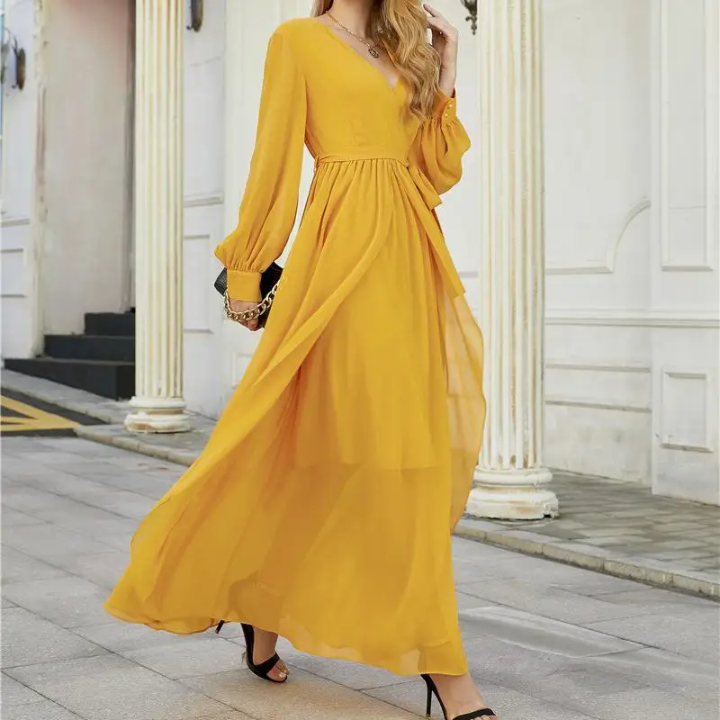 

Womans Fashion Lady Yellow Chiffon Ruffle Ladies Maxi Long Dress Women Elegant Summer Vestidos Occasion Casual Dresses