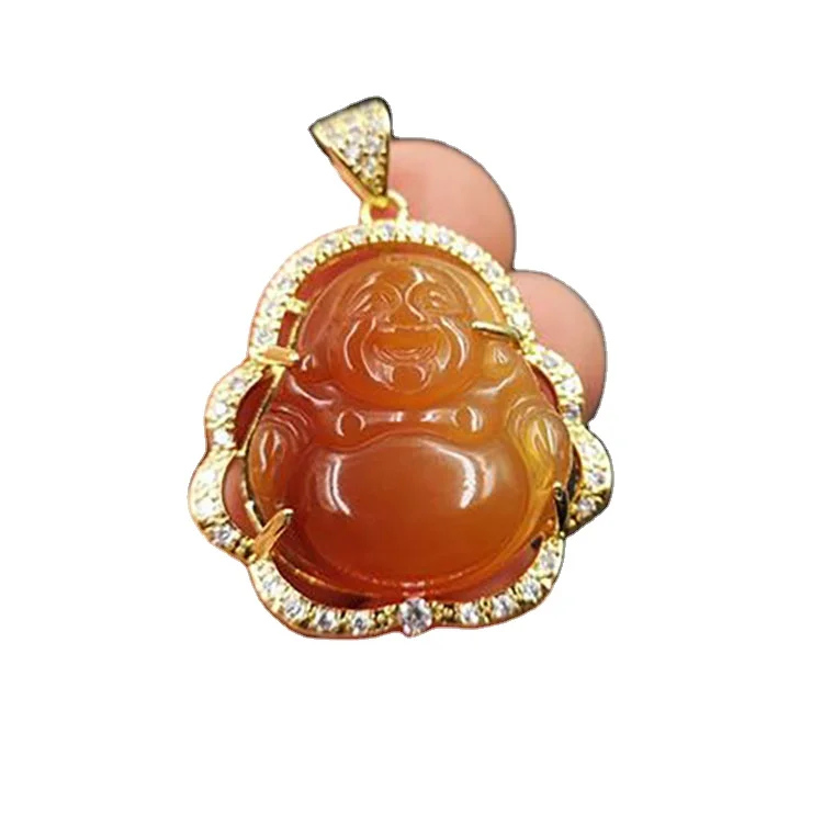 

925 Bright Gold Inlaid Beautiful Chalcedony Agate Big Belly Buddha Pendant Beautiful Yellow Agate Maitreya Buddha