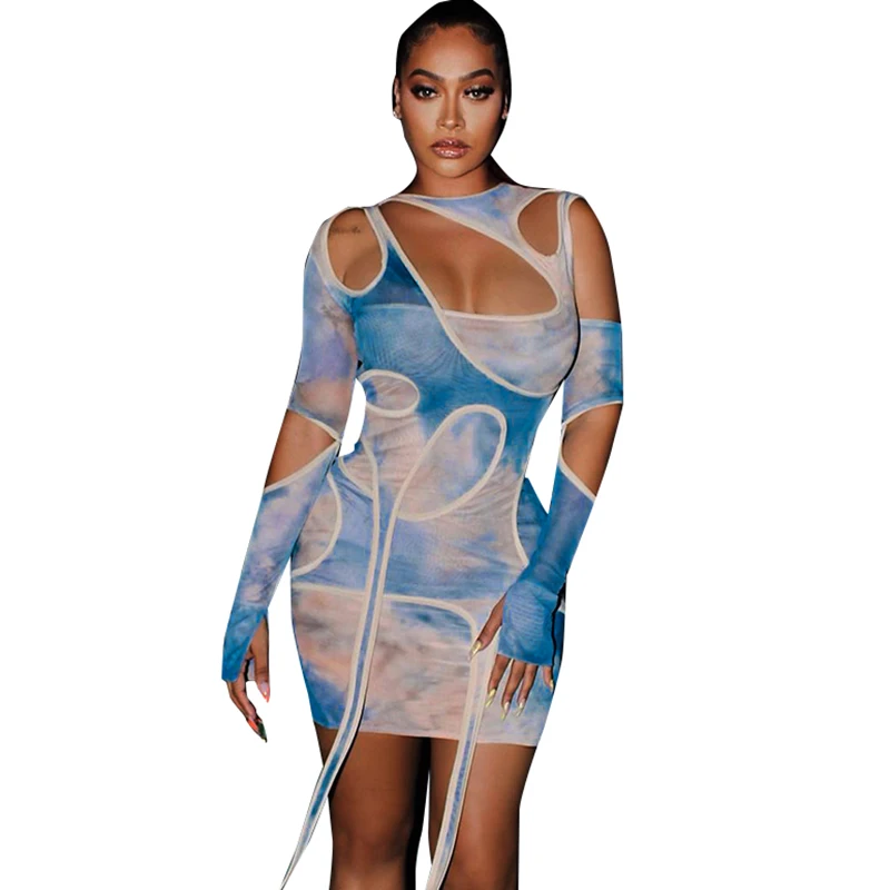 

2021 New tie-dye long-sleeved hollow stitching fringed irregular dress for woman, Blue