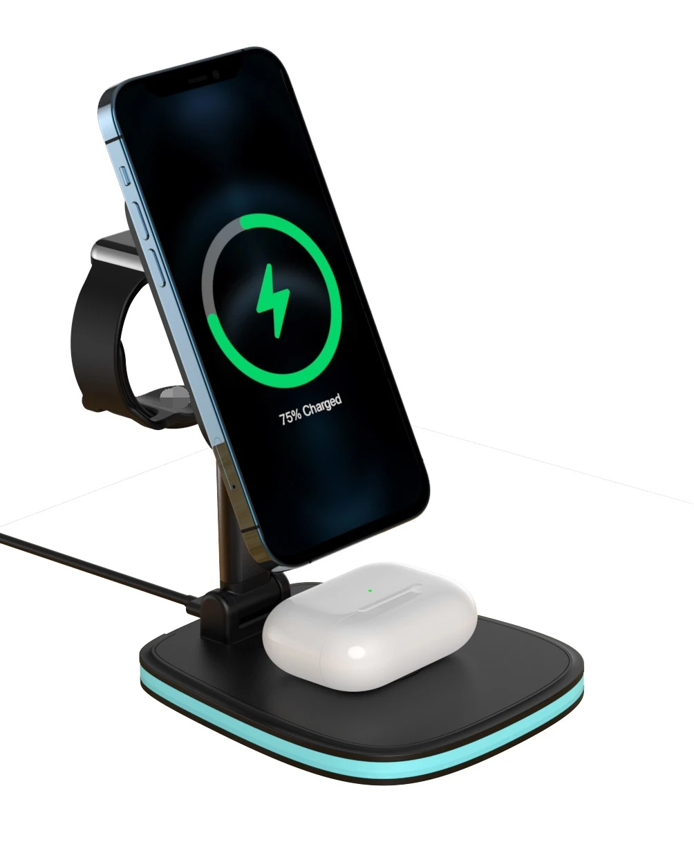 

Foldable QI 15W 10W Fast Charge 3 In 1 Wireless Charger Charging Stand Mobile Phone Earphone For Apple, White/black