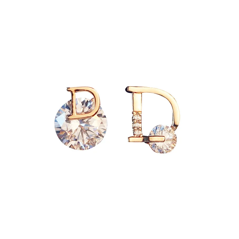 

stud earring women small fashion 925 white fungus brand letter needle asymmetric luxury zircon D-shaped earring women 2 buyers