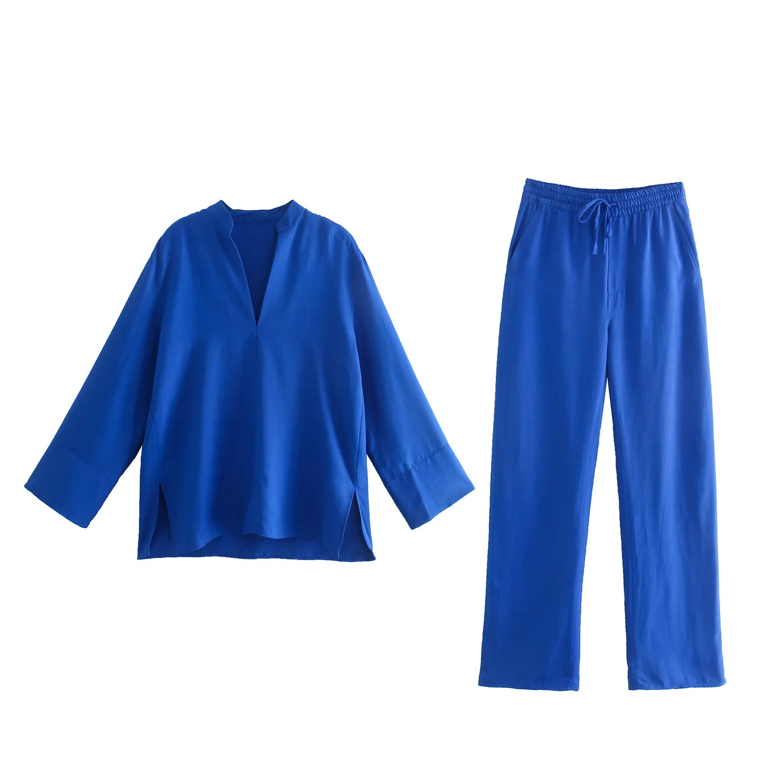 

Wholesale Solid Color V Neck Long Sleeve Blouses And Long Pants Two Piece Set For Women, 1colors