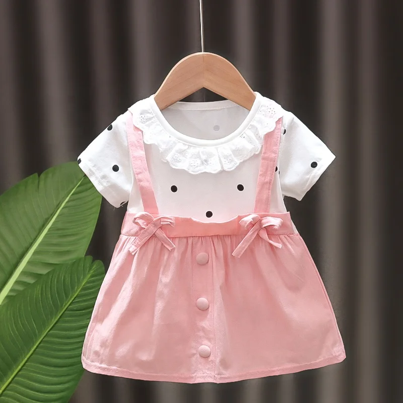 

Wholesale Summer Dotted Short Sleeve T Shirt Party Wear One Piece Skirt 1 Years Old Kids Cotton Baby Girls Dresses, Red, pink, purple, yellow