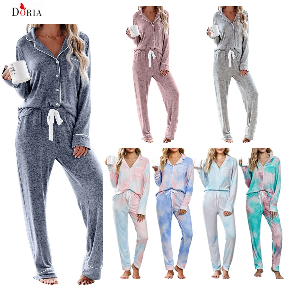 

Amazon Hot Long Sleeve Long Pants Solid Color 2 piece Pijamas Soft Cotton lounge Wear Pyjamas Women Sleepwear Pajamas Set