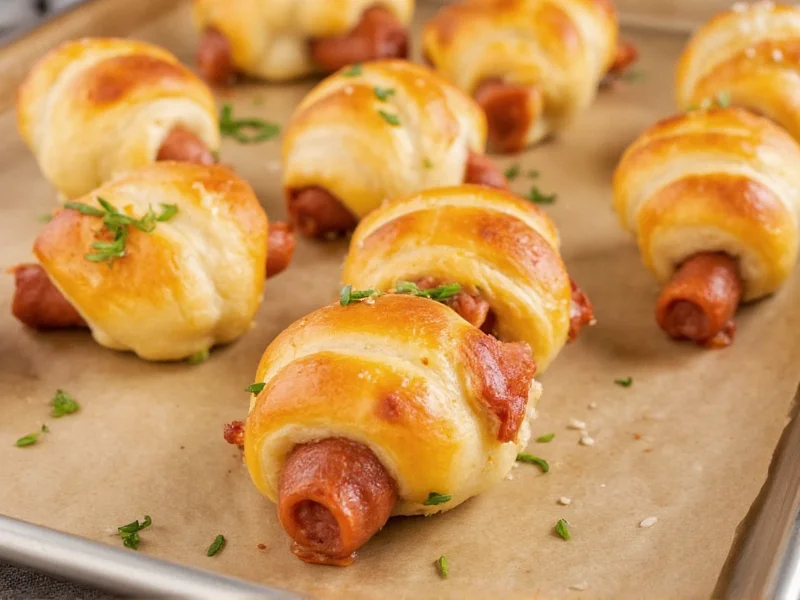 Golden homemade pigs in a blanket on baking sheet