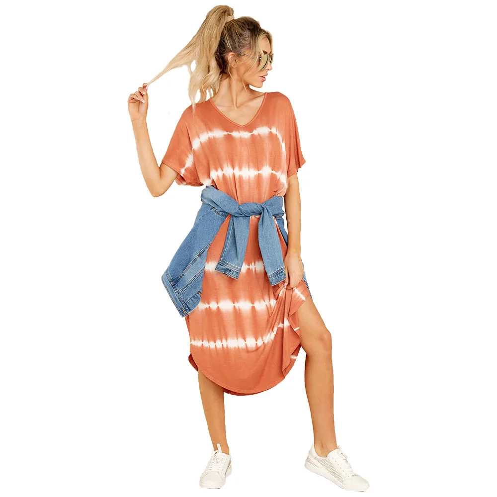 

F40448A new designer casual women's dress print V-neck loose tie-dyed maxi dress, As picture