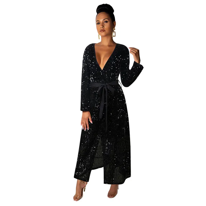 

90716-MX35 fashion black sequin V neck plus size dress for ladies