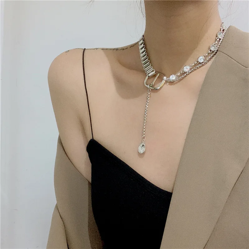 

DANYUAN American cool girl crystal rhinestone chain metal strap short choker necklace multi layer clavicle chain necklace, Picture