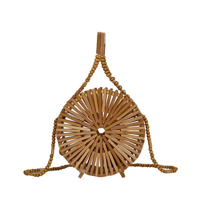 

Handwoven Womens Bamboo Handbag Beach Bag Holiday Handmade Shoulder Bag Round Rattan Bag, Wood