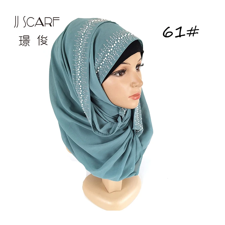 Womens SLIP ON Ready to Wear Chiffon Rhinestone Scarf Hijab Pearl Instant Shawl