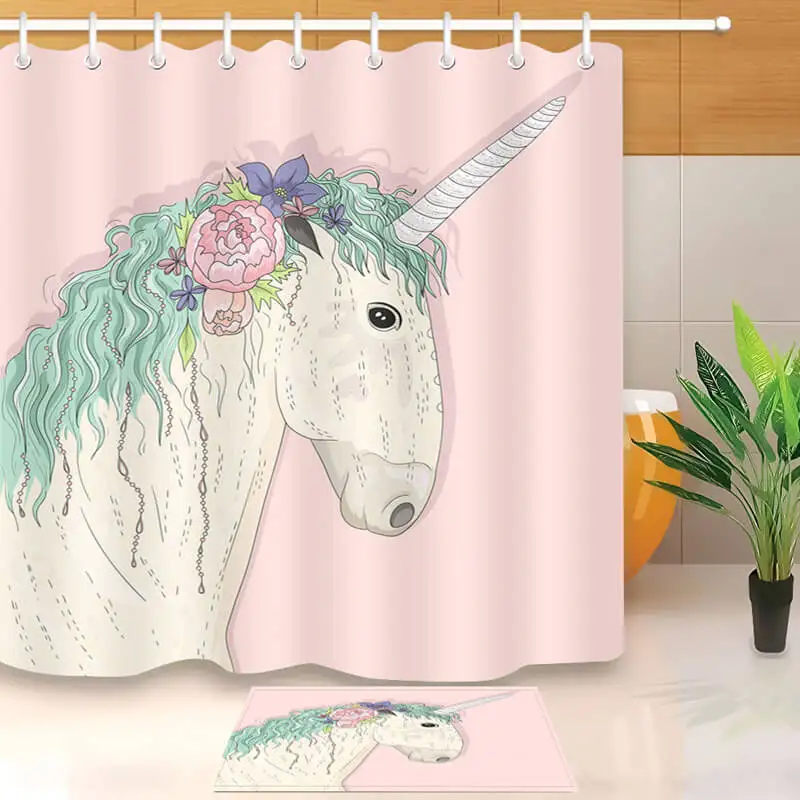 

3d digital printing pink unicorn floral bath polyester shower curtain