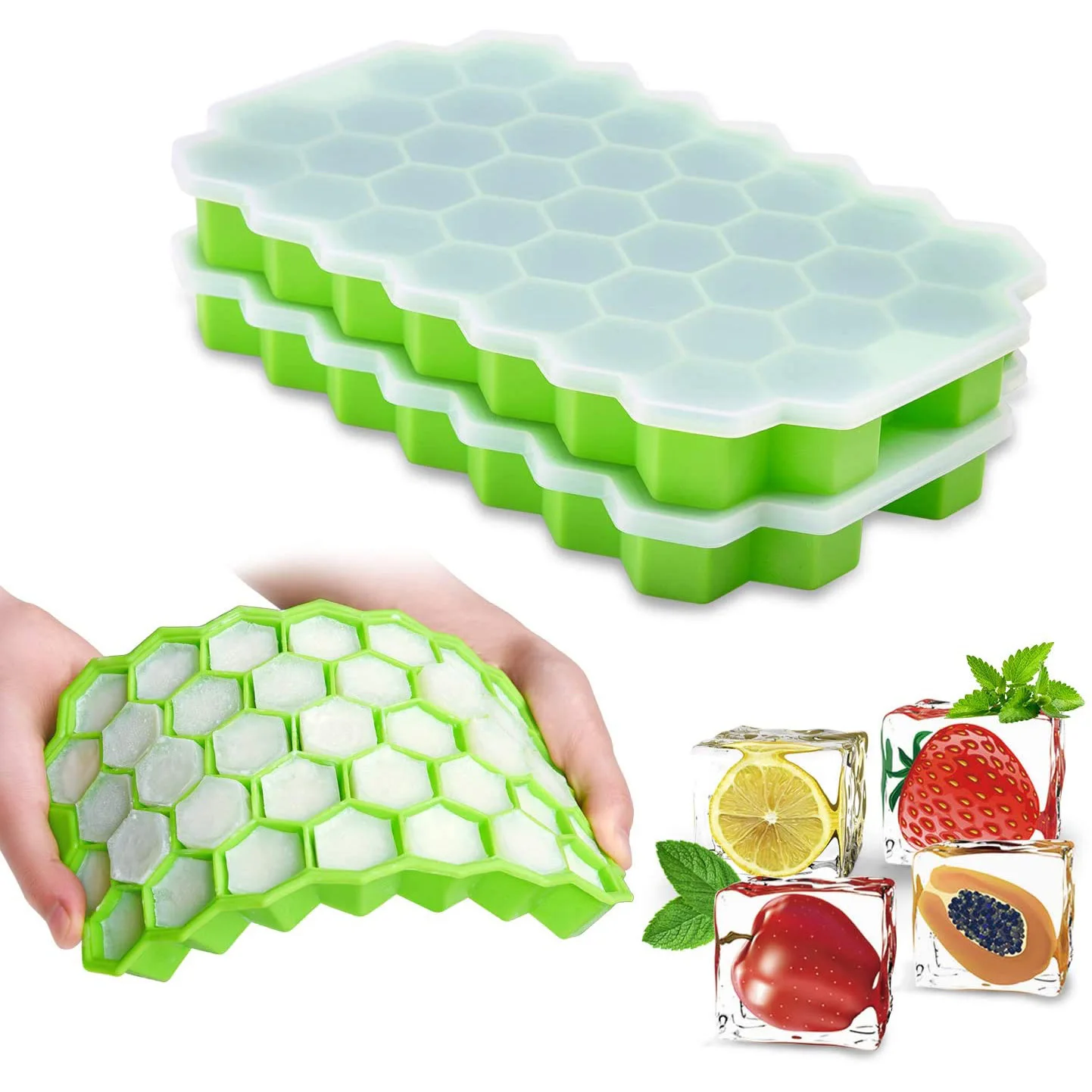 

12 Colors BPA Free Food Grade Honeycomb Thickened 37-cell Silicone Ice Cube Tray with Removable Lids