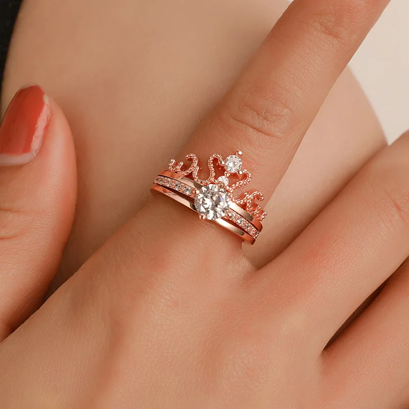 

2pcs set Rose Gold Plated CZ Crystal Crown Finger Ring Open  Zircon Crown Rings