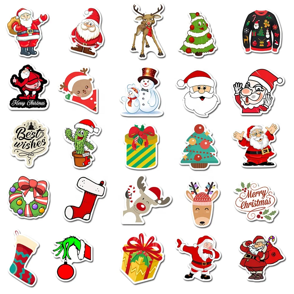 
50Pcs Christmas Snowman Tree Decor Graffiti Sricker Luggage Laptop Skateboard Decor Waterproof Vinyl Christmas Stickers 