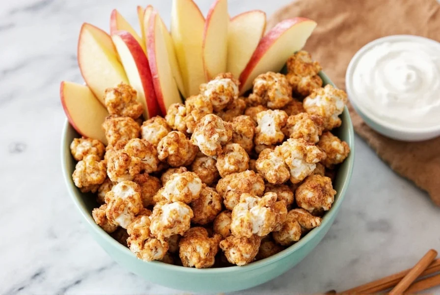 Popcorners Cinnamon pieces arranged in a bowl with fresh apple slices and a small dish of Greek yogurt