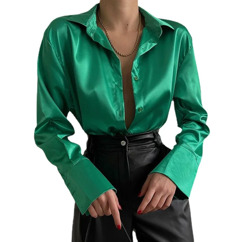 

Elegant Satin Long Sleeve Blouses Women 2022 Vintage Blue Green Silk Shirt Women Casual Loose Button Up Female Shirts Tops