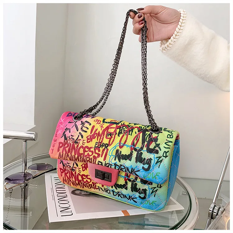 

2021 Manufacturer whosale fashion graffiti handbags rainbow Jelly purse paint crossbody bags for women