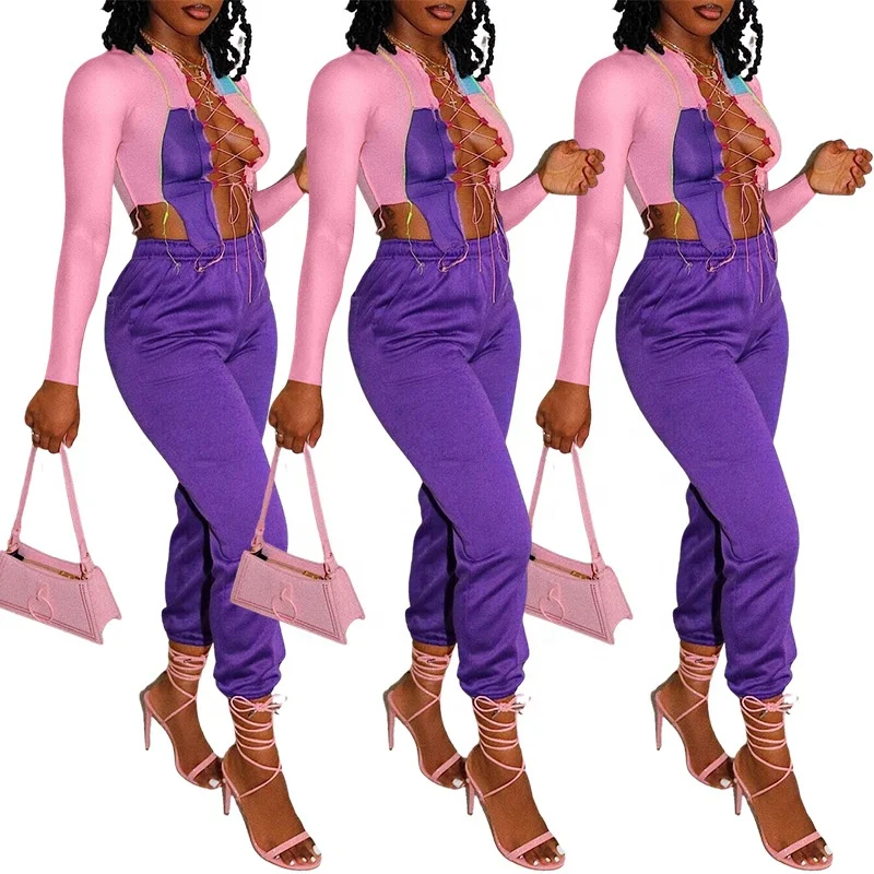 

Lace Up Tie Front Crop Top and Sweat Pants Outfits Women Two Pieces Sets