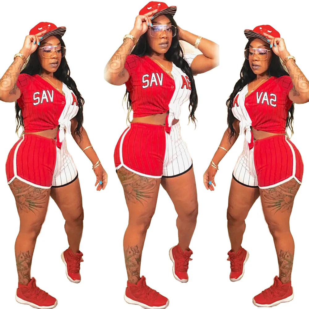 

Plus Size Ladies Baseball Jersey Striped Letter Short Summer Sport Suits Women 2 Piece Set Clothing