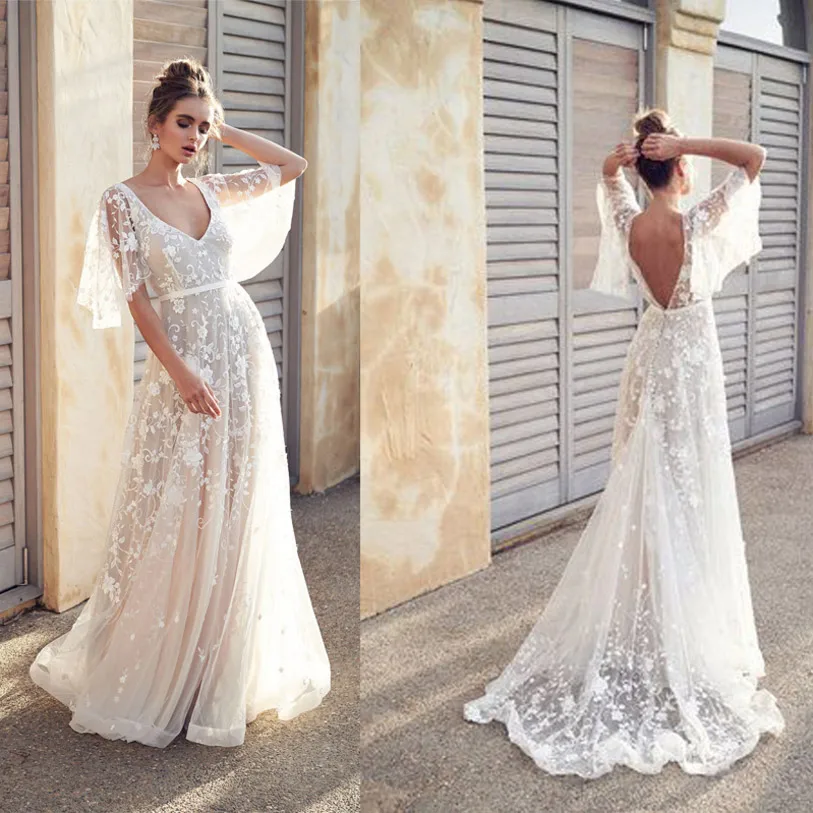 

2019 New Women long Sexy Deep V Neck Casual Backless Party White Wedding Dresses