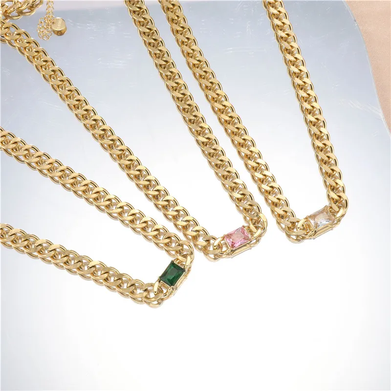 

Pink Green White Gemstom Zircon 7mm Charming Cuban Chain Necklace for Women Men