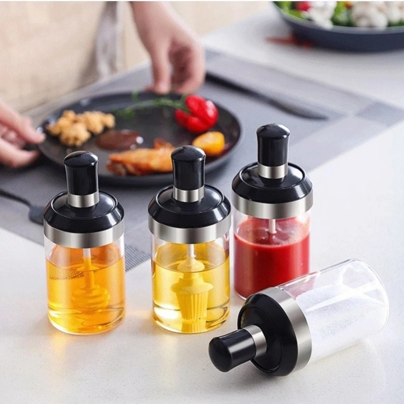 

Spice Jar Borosilicate Glass Seasoning Pot Condiment Storage with Spoon/Brush and Lid Spice Jar Bottles, 6 colors