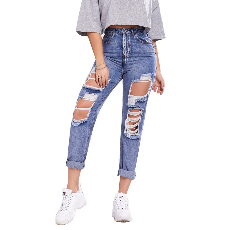 

2021 European And American New Style Large Size Slim Slimming Hole Loose Straight Leg Pants Women's Casual Jeans, Shown