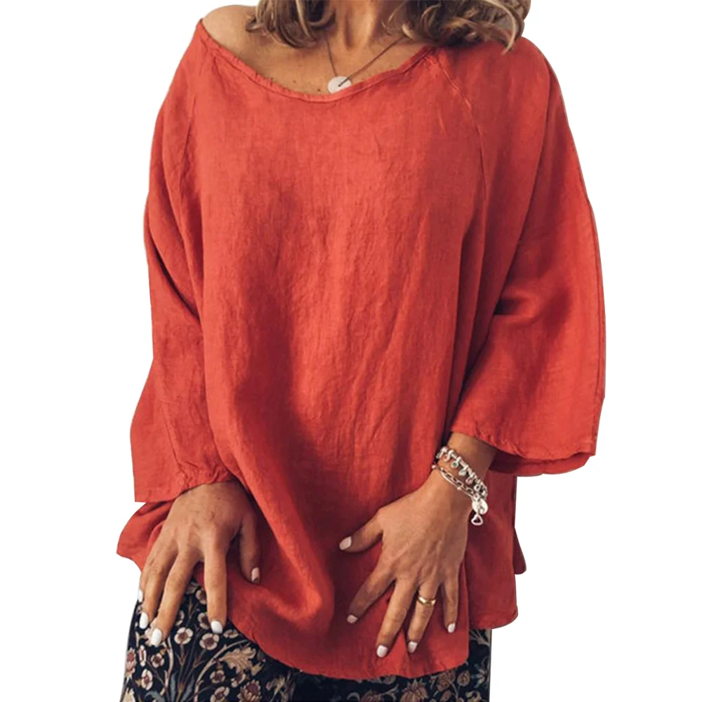 

Women Cotton Linen Solid Loose O-Neck Long Sleeve Top T-Shirt