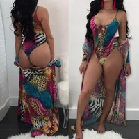 

2 Piece Swimsuits for Women Bandage Monokini Floral Swimwear + Ponchos Cover up