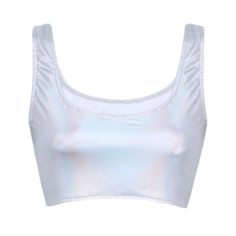 

Fashion iEFiEL Women Shiny Leather Vest Tank Tops White Scoop Neck Sexy Crop Top