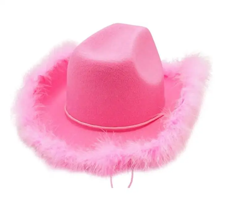 

Gorgeous Fluffy Feather Brim Cowboy Hat Wide Brim Pink Cowgirl Hat All-match for Mardi Gras Rave Playing Dress Up