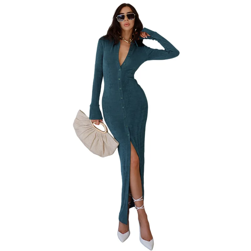 

2021 autumn winter new women's high waist knitted long sleeve Turn-down Coll cardigan dress fashion sweater dress women clothing