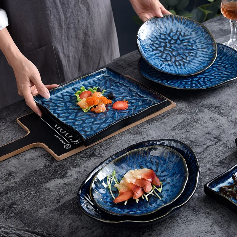 

Mfashion Western Chinese porcelain Ceramic irregular Tableware Steak Sushi fish dinner Plate plates sets dinnerware, Blue