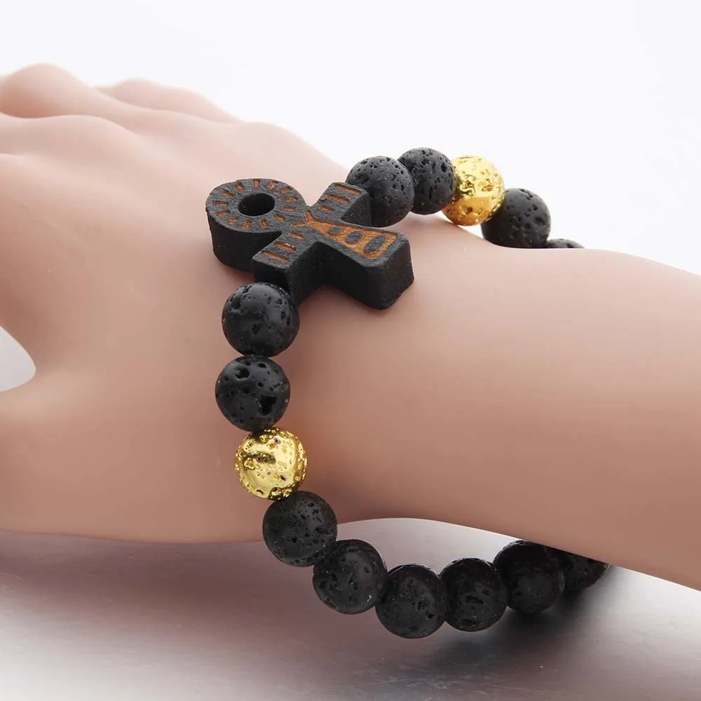 

Hip hop Black volcano lava stone bracelet Wooden Cross Bracelet Elastic Bracelet, As pic