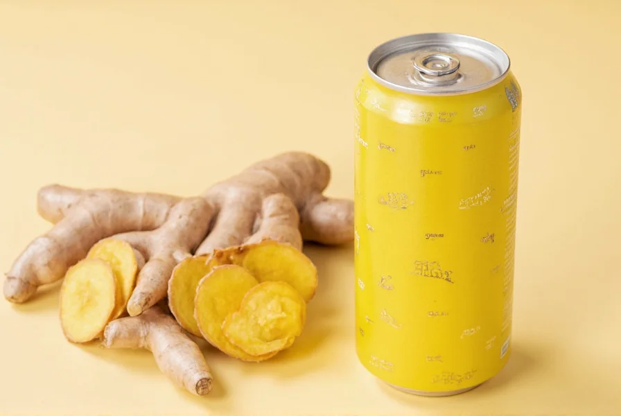 Close-up of fresh ginger root next to a can of ginger ale showing ingredient differences