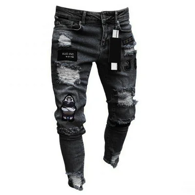 

New zipper hip-hop jeans men's trend knee hole flap pants boys embroidered straight pants, Customized color