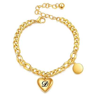 

Cursive Letters Heart Shaped Pendant Bracelet Hot Sale Gold Plated Titanium Steel Love Heart 26 Alphabets Cuban Chain Bracelet
