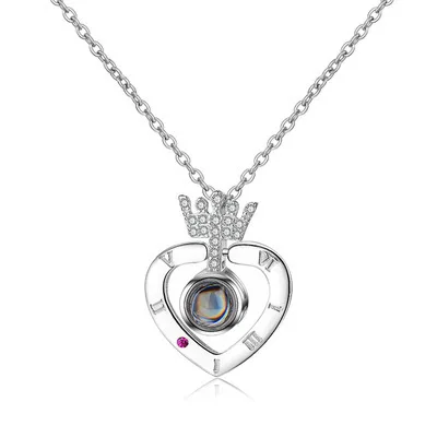 

WSYEAR S925 Sterling Silver 100 Languages Necklace Love Heart Crown Necklace Love Projection Custom Pendant Wholesale OEM